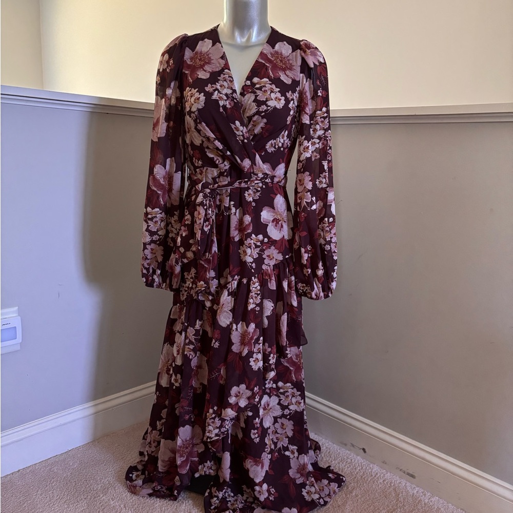 Burgundy Floral Chiffon Wrap Front Ruffle Midi Dress